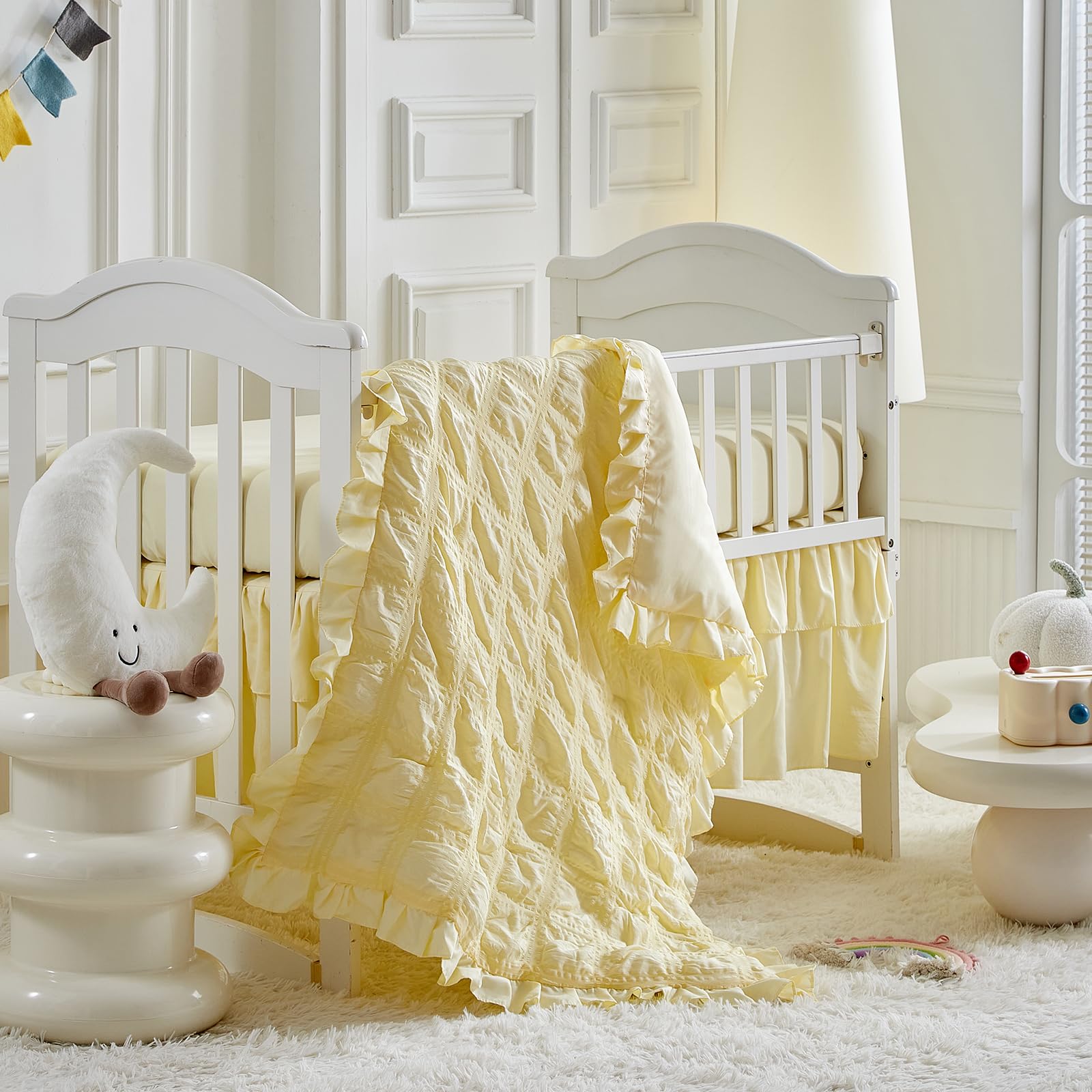 Uozzi Bedding ruffled crib comforter close-up yellow for cozy warmth
