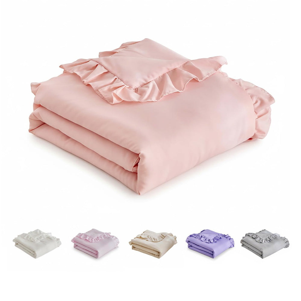 UOZZI Bedding ruffled crib quilt pink close-up shows soft microfiber texture for gentle skin