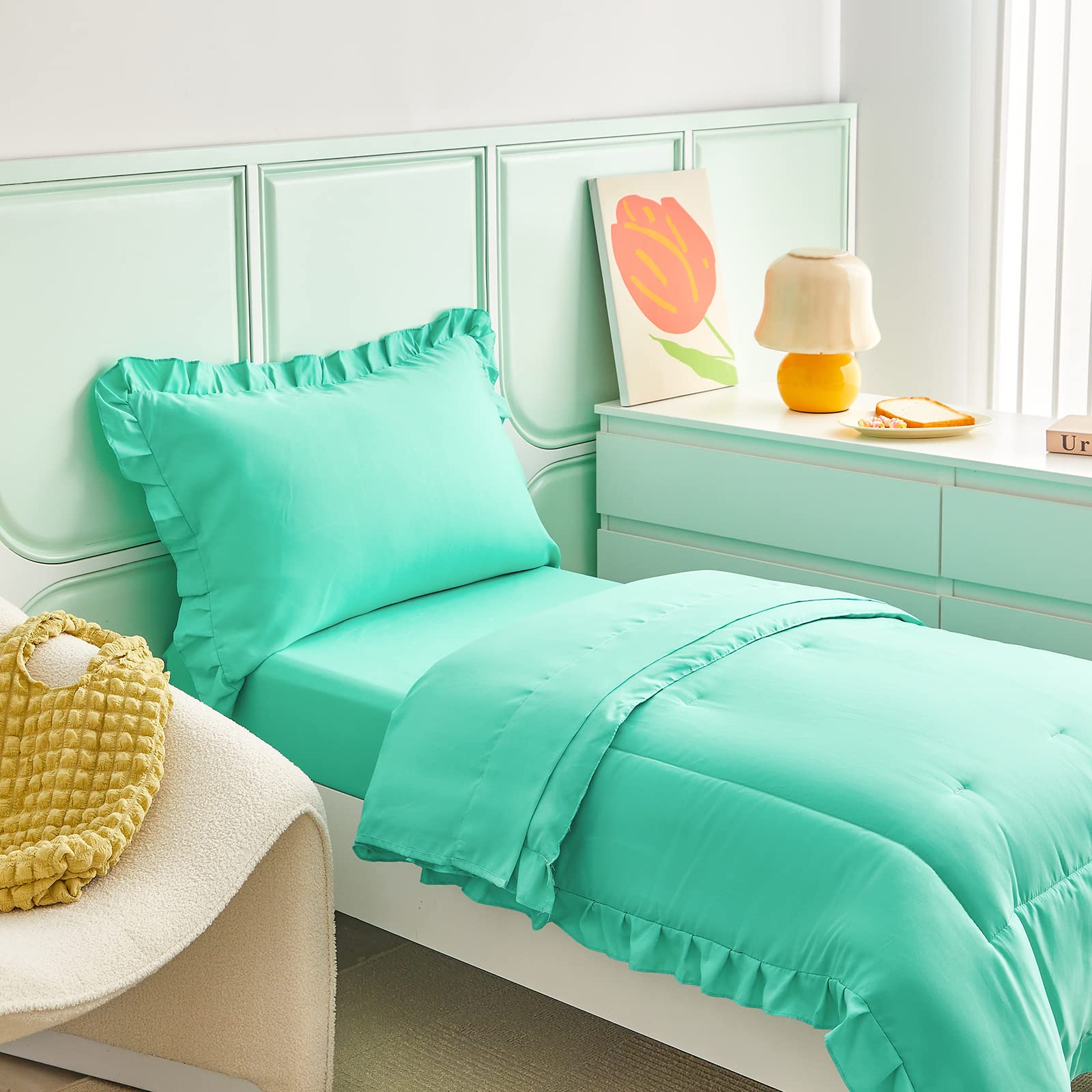 UOZZI BEDDING teal blue ruffle fringe detail adds playful texture to the set