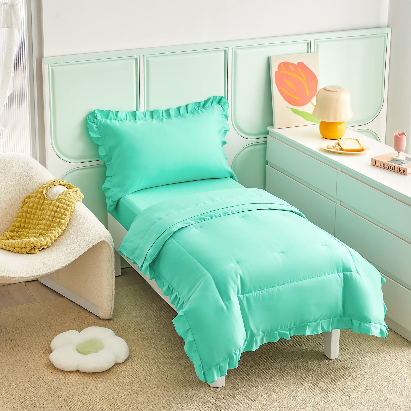 UOZZI BEDDING teal blue toddler pillowcase with ruffle fringe for charming bedtime style