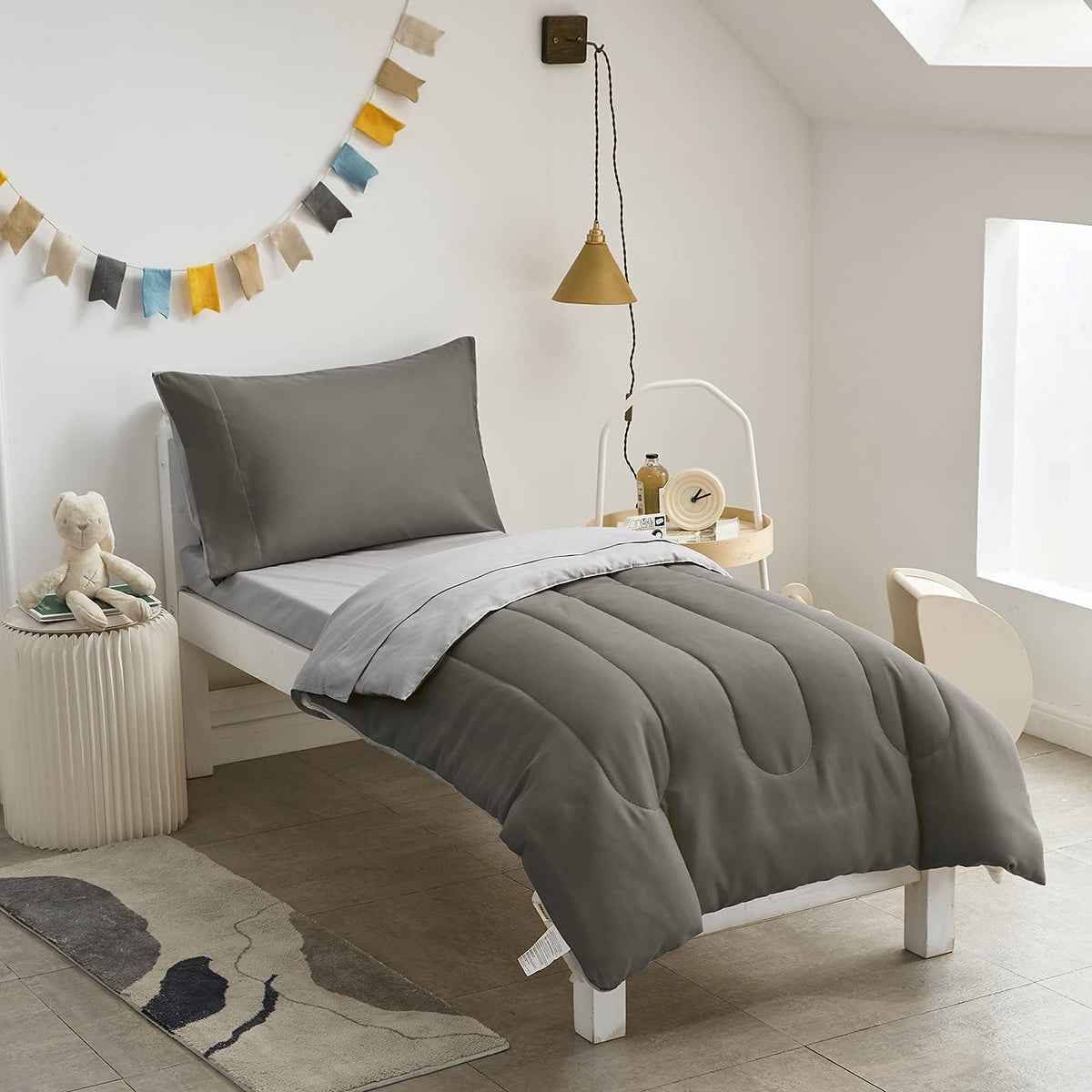 UOZZI BEDDING 4pc dark-gray comforter close-up shows ultra-soft microfiber for cozy sleep.
