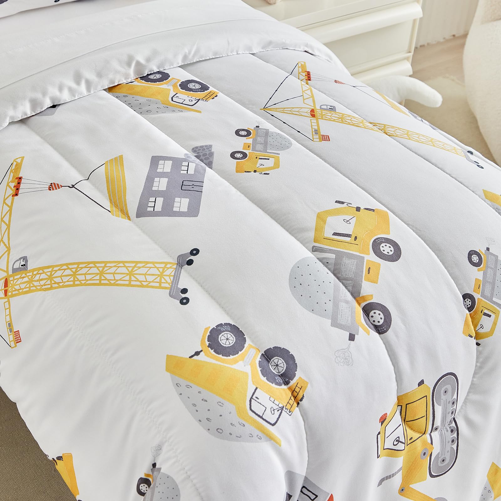 UOZZI BEDDING white sheet set enhances construction-themed bedroom.