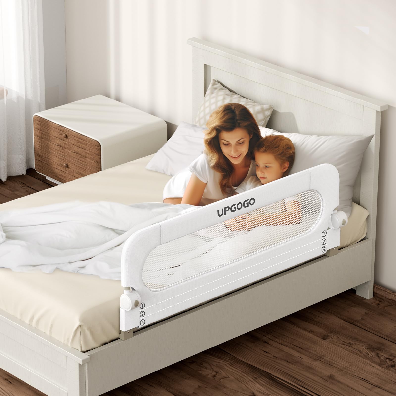 UPGOGO white finish blends with bedroom decor for safety.