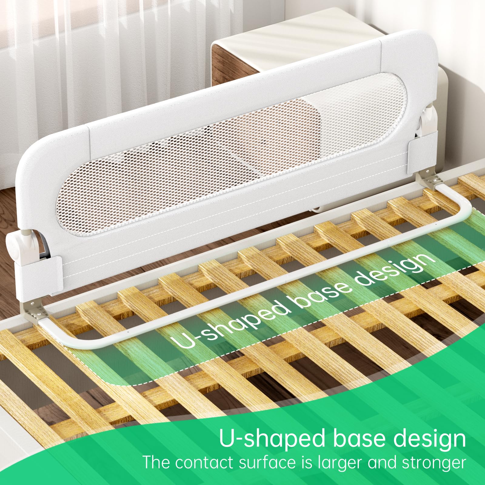 UPGOGO foldable bed rail demonstrates easy on off access for kids.