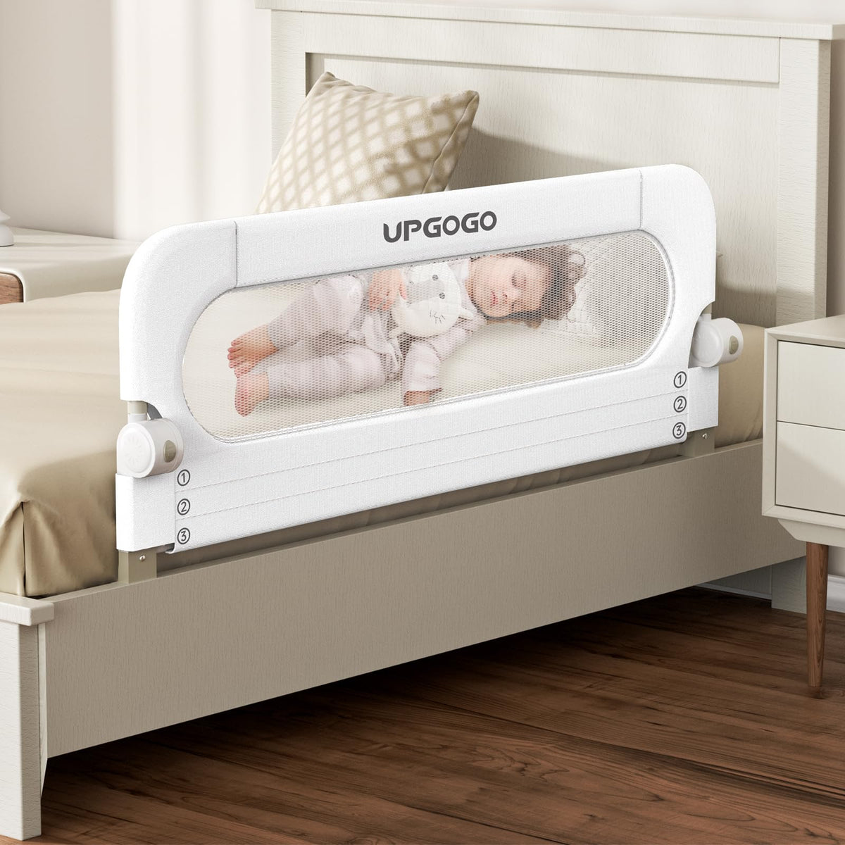 UPGOGO folding bed rail close-up with reinforced anchor safety.