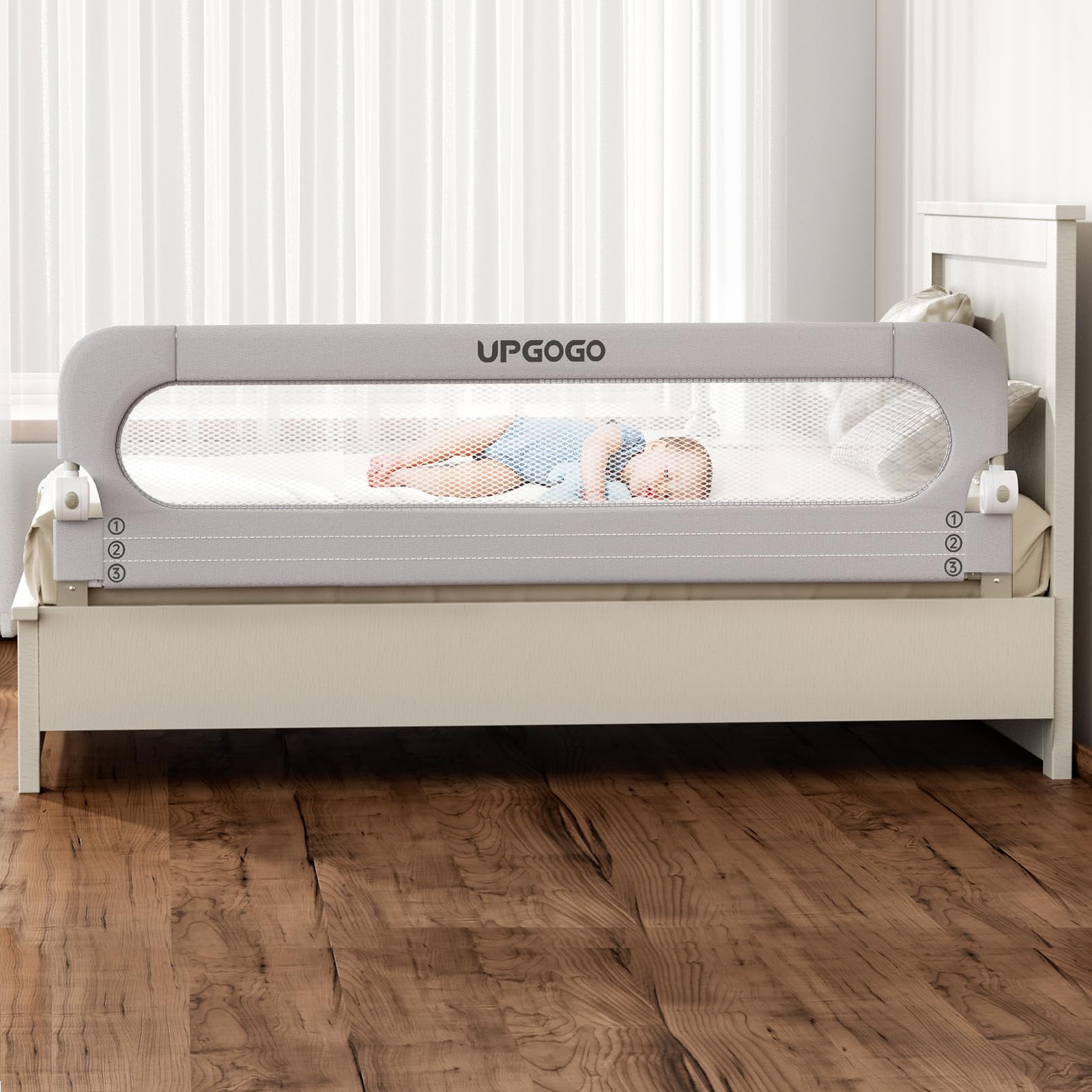 UPGOGO folding bed rail for toddlers provides a safer sleep barrier.