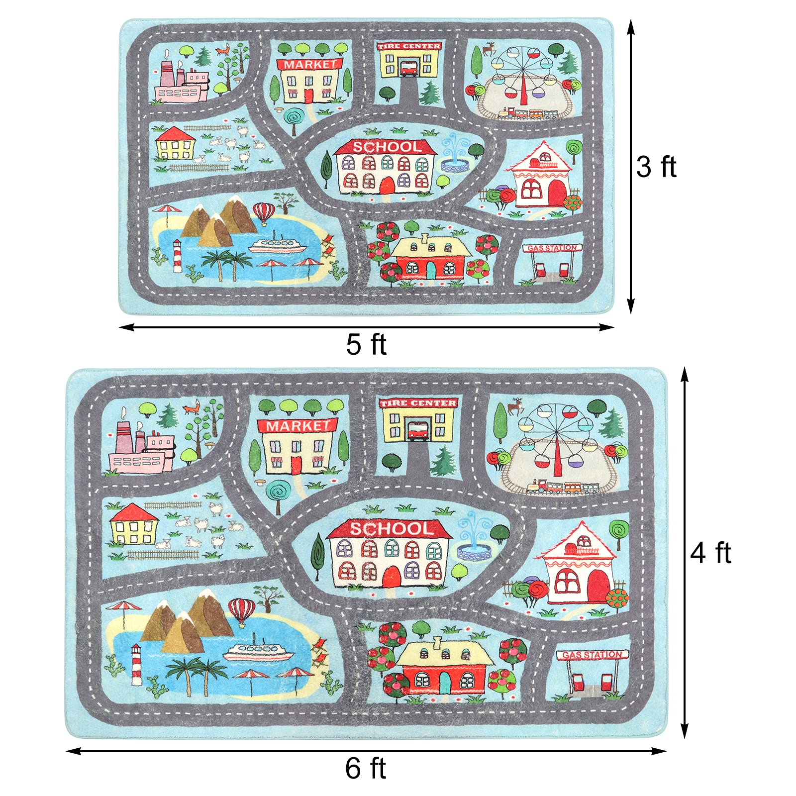 Uphome educational patterns rug with school, market, house helps learning through play.