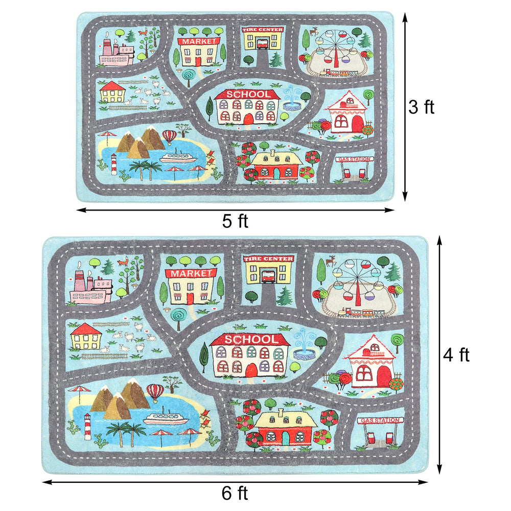 Uphome educational patterns rug with school, market, house helps learning through play.