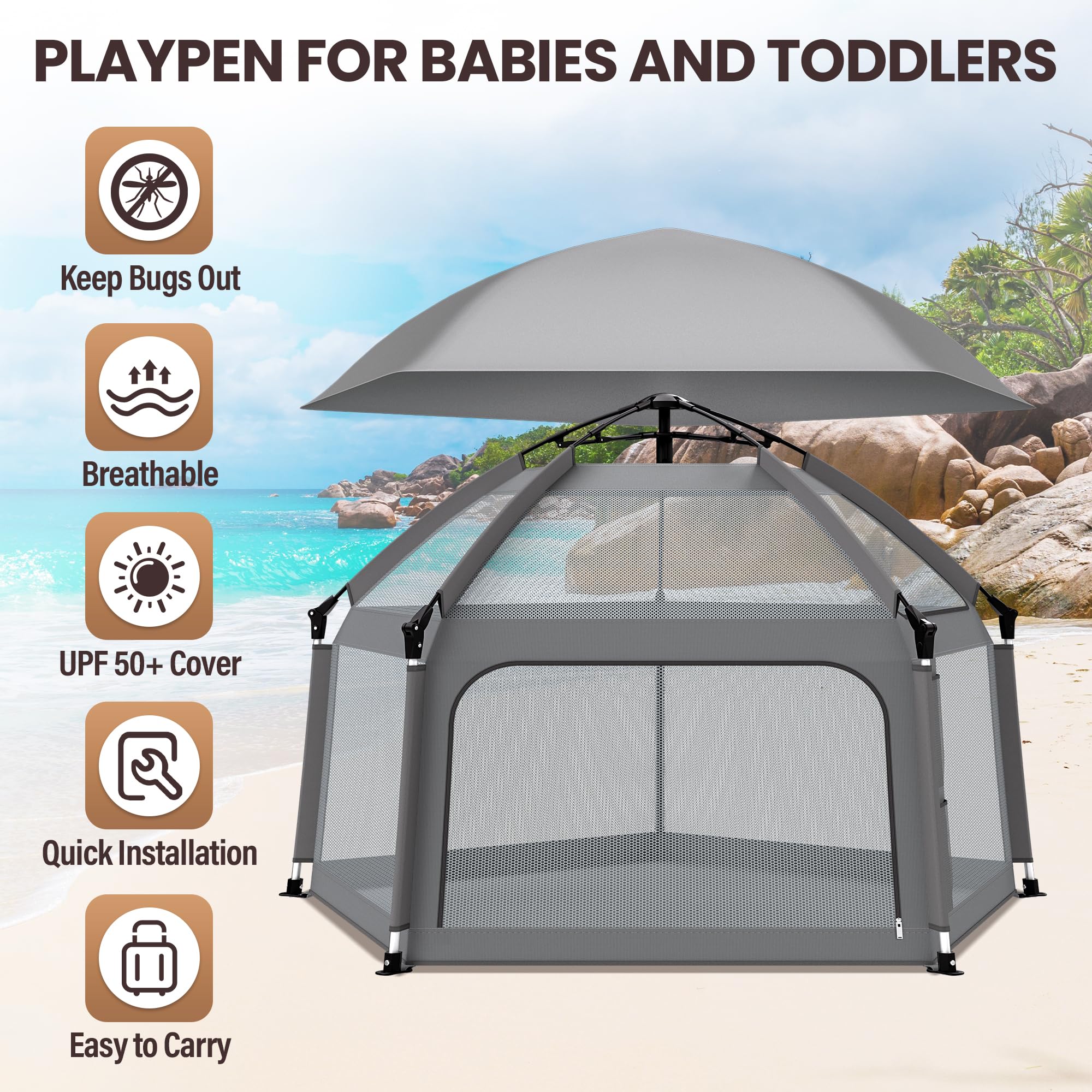 UPHUNAL baby playpen folded with travel bag demonstrates portable setup for park or beach days.