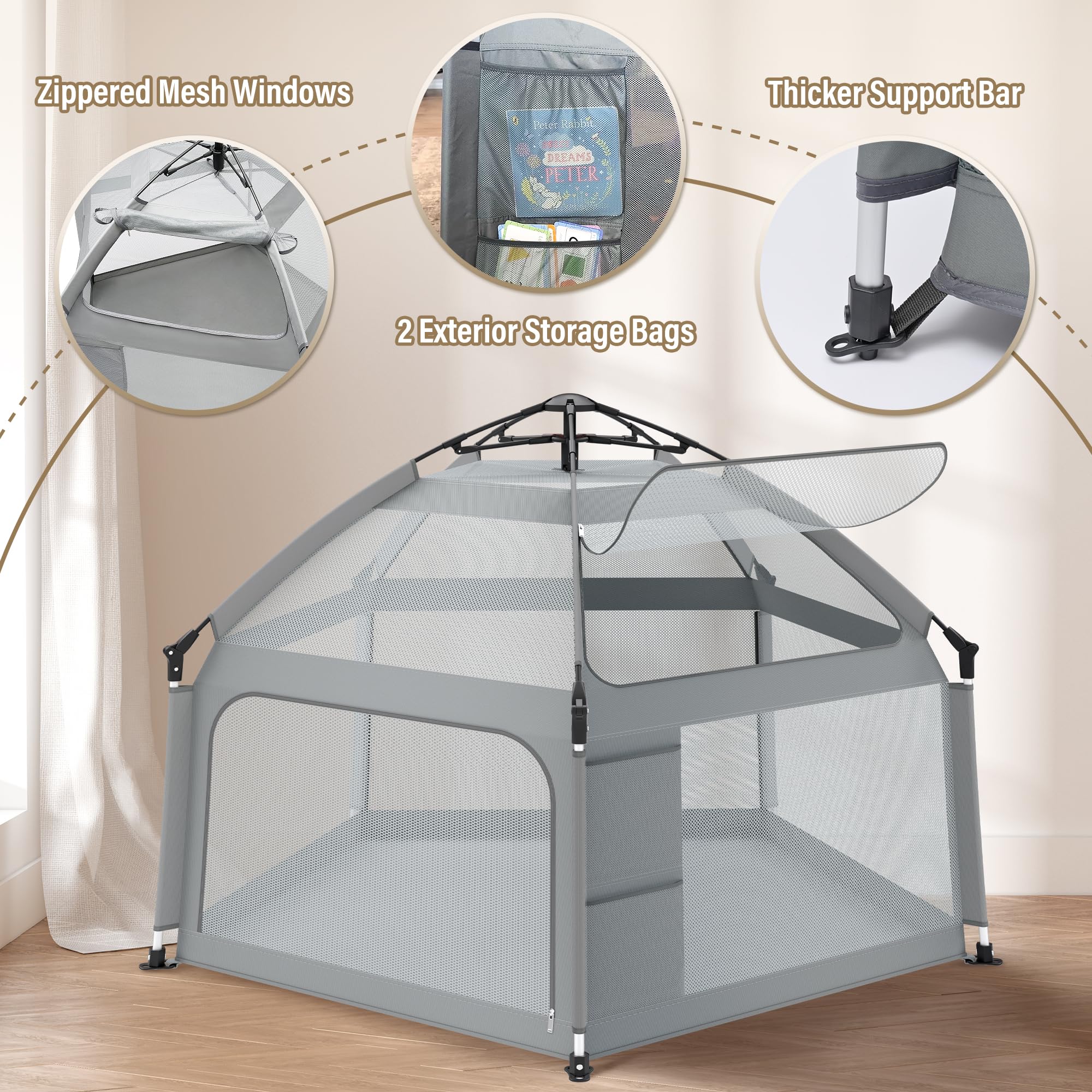 UPHUNAL playpen with mesh walls 360-degree visibility for supervising caregivers
