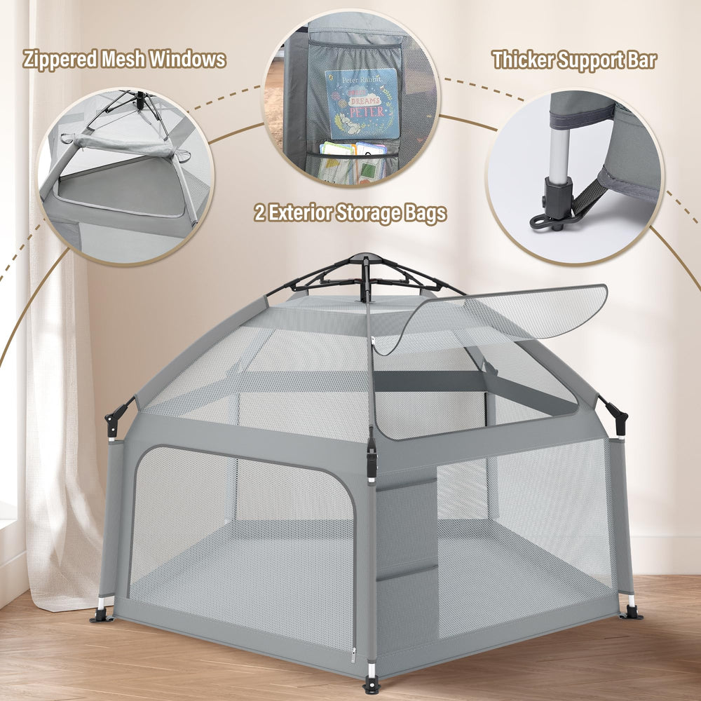 UPHUNAL playpen with mesh walls 360-degree visibility for supervising caregivers
