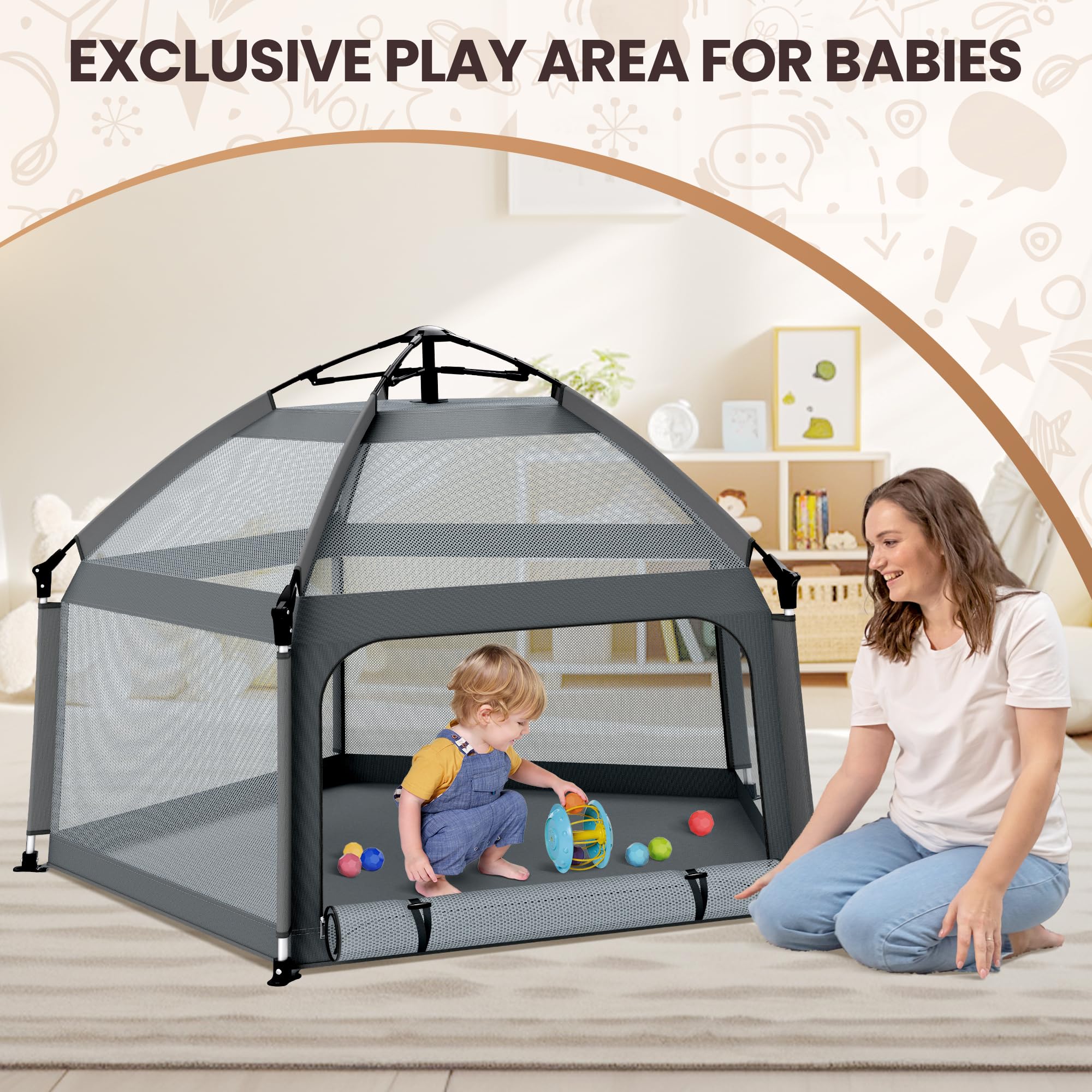 UPHUNAL removable canopy and side curtains shield little ones from sun while outdoors.