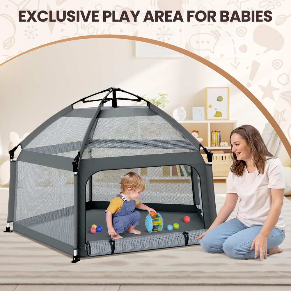 UPHUNAL removable canopy and side curtains shield little ones from sun while outdoors.