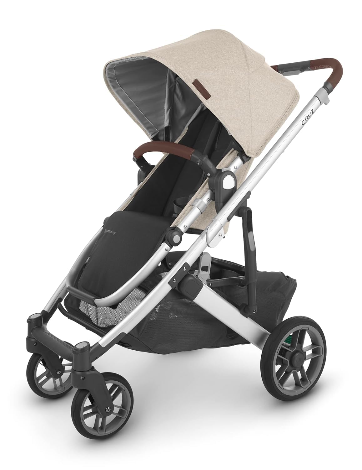 UPPAbaby Cruz V2 folded stroller stands on its own for compact storage.