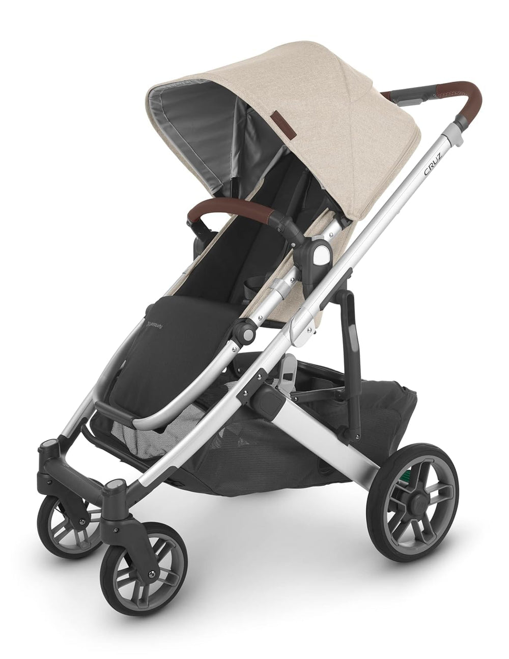 UPPAbaby Cruz V2 folded stroller stands on its own for compact storage.