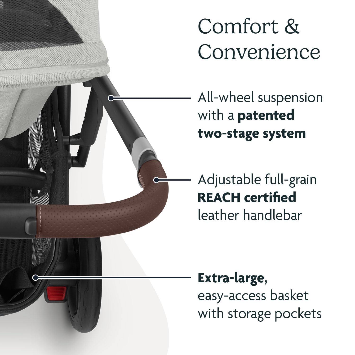 UPPAbaby CRUZ V2 leather accents and adjustable handlebar for premium feel