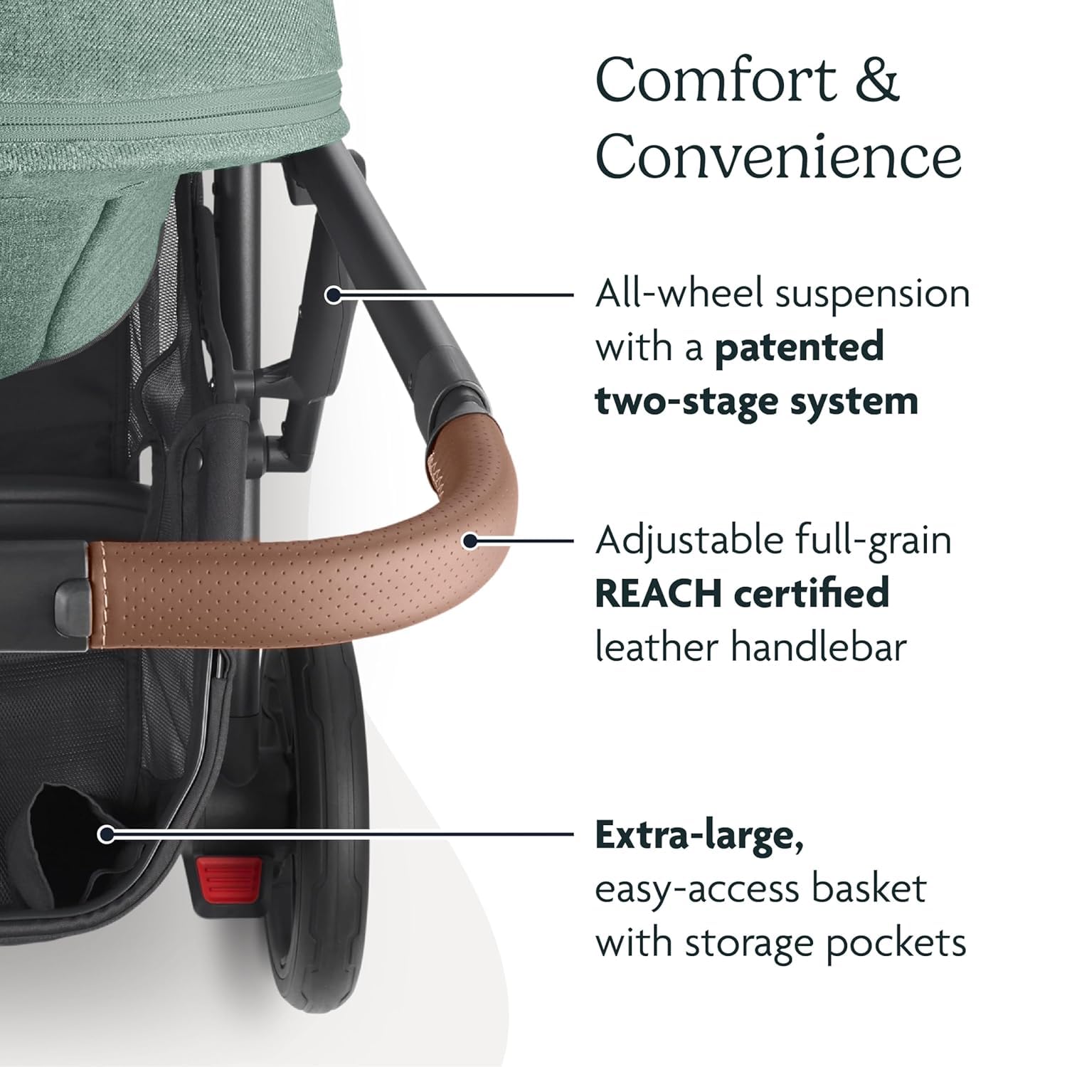 UPPAbaby Cruz V2 leather accents on the handlebar for premium style.