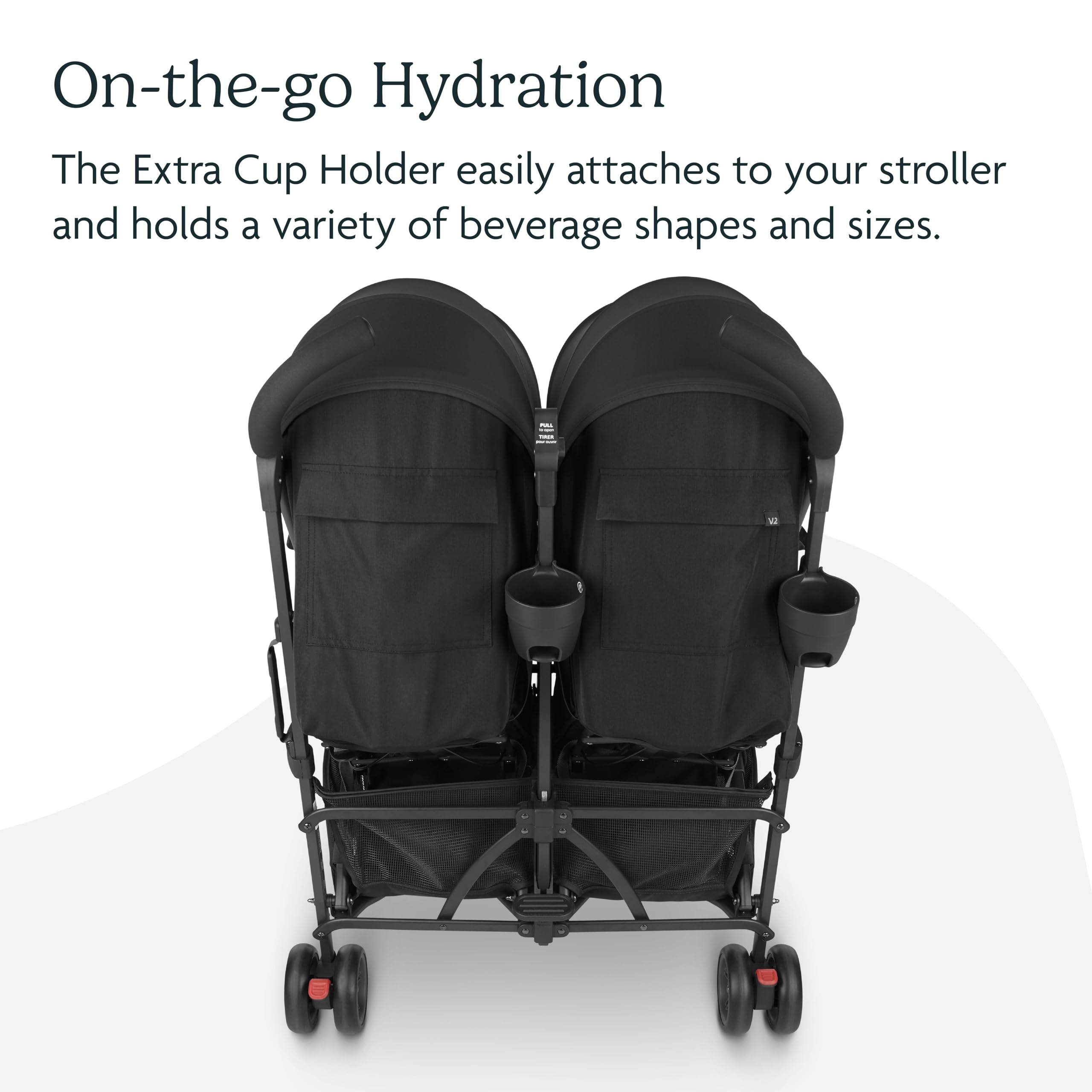 UPPAbaby Cup Holder center-frame attachment shows secure access for beverages.
