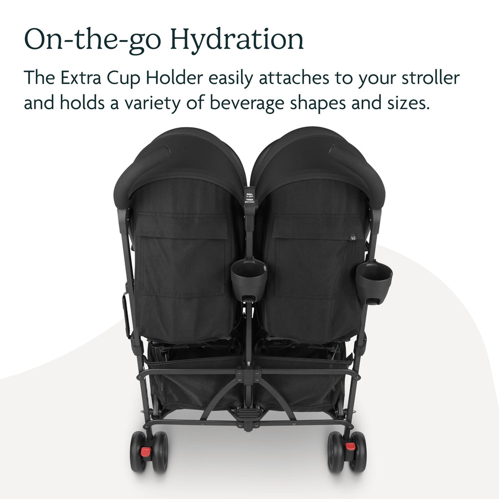 UPPAbaby Cup Holder center-frame attachment shows secure access for beverages.