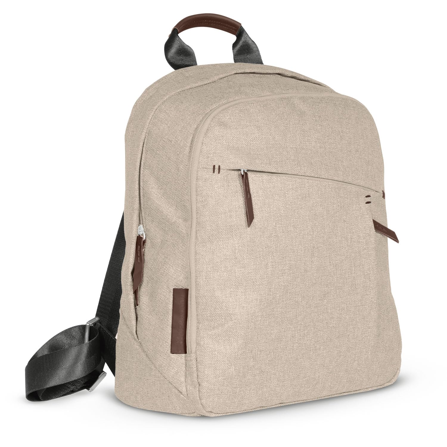 UPPAbaby Declan changing backpack front view shows coordinated leather accents for stroller-ready style.