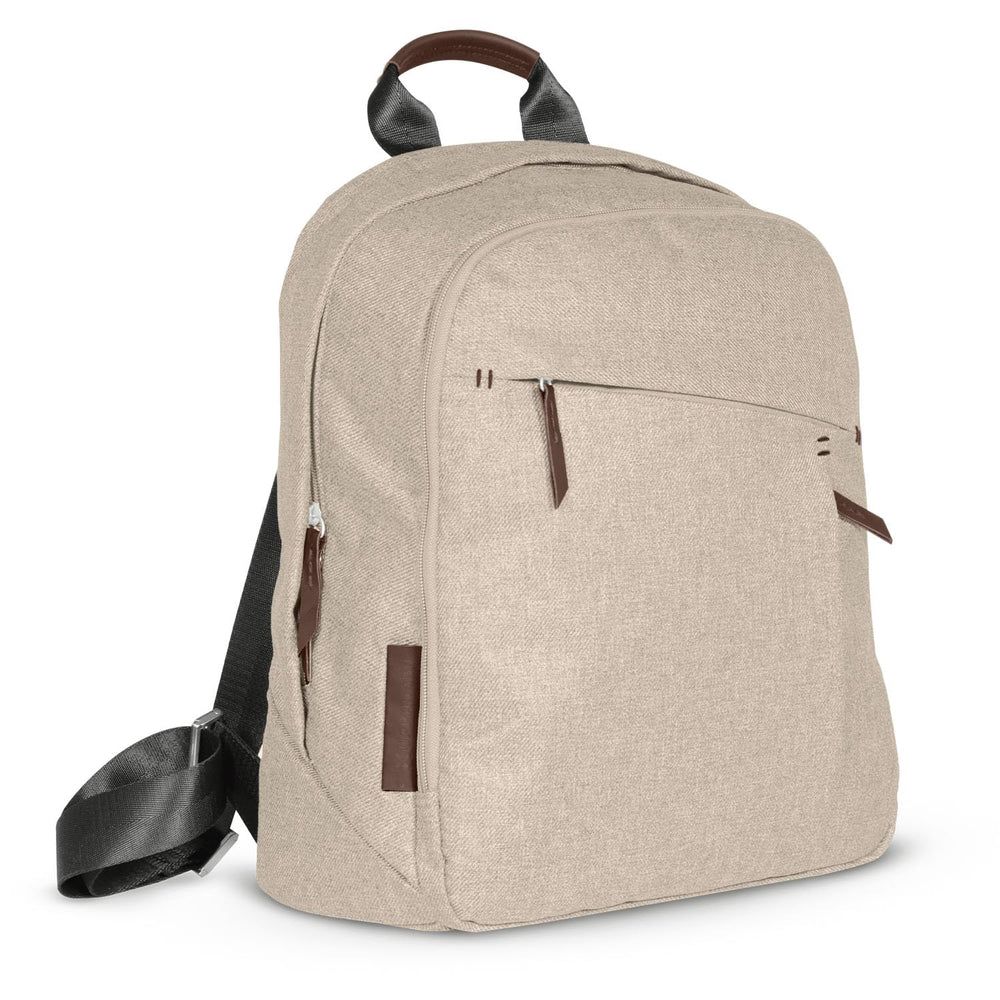 UPPAbaby Declan changing backpack front view shows coordinated leather accents for stroller-ready style.