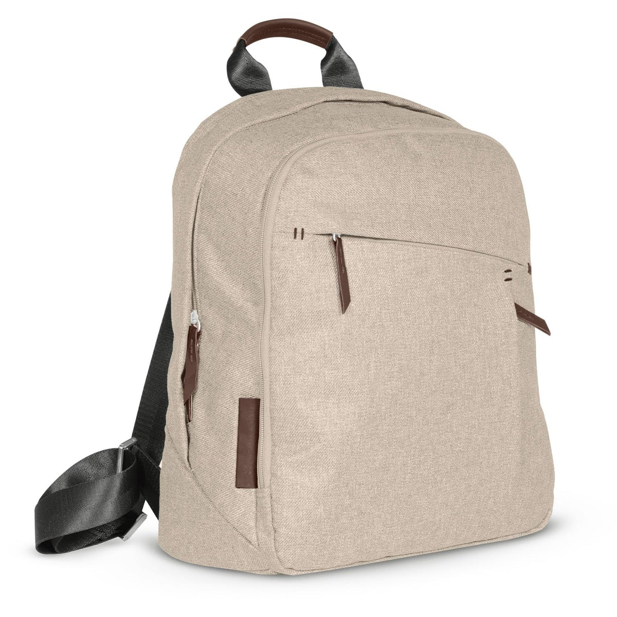 UPPAbaby Declan changing backpack front view shows coordinated leather accents for stroller-ready style.