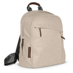 UPPAbaby Declan changing backpack front view shows coordinated leather accents for stroller-ready style.
