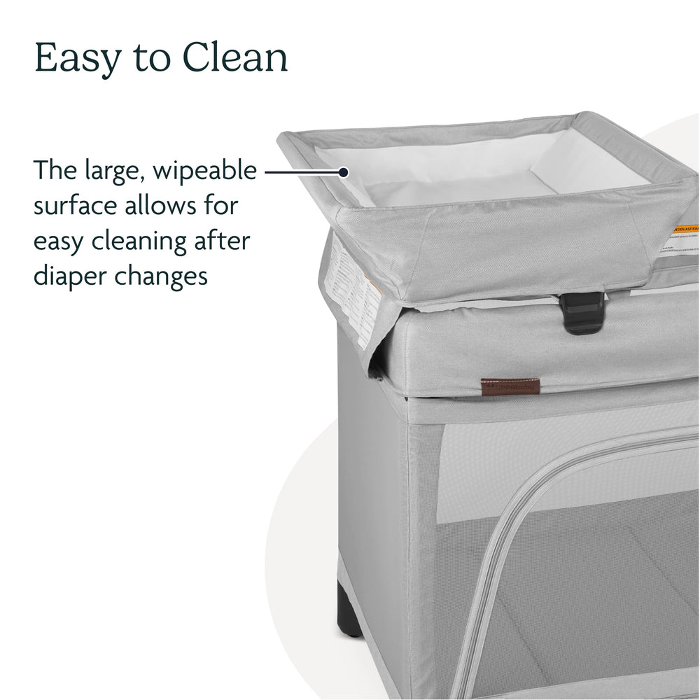 UPPAbaby Remi changing station rotates into storage for space-saving transitions.