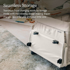 UPPAbaby Remi top rail attachment shown securing the station to the Playard.