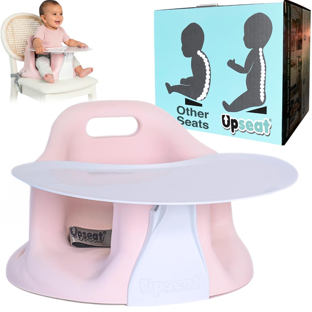 Upseat baby floor seat with tray supports upright sitting for feeding and play.