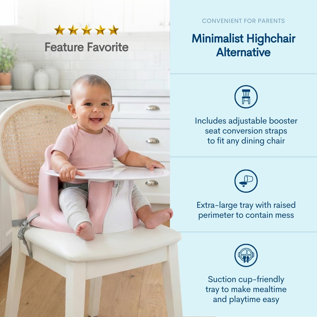 Upseat booster seat with tray designed for flexible meals and easy cleanup.