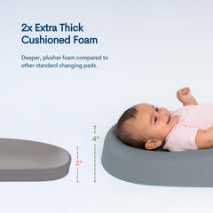 Upseat changing pad contoured for comfort supports baby during diaper changes.