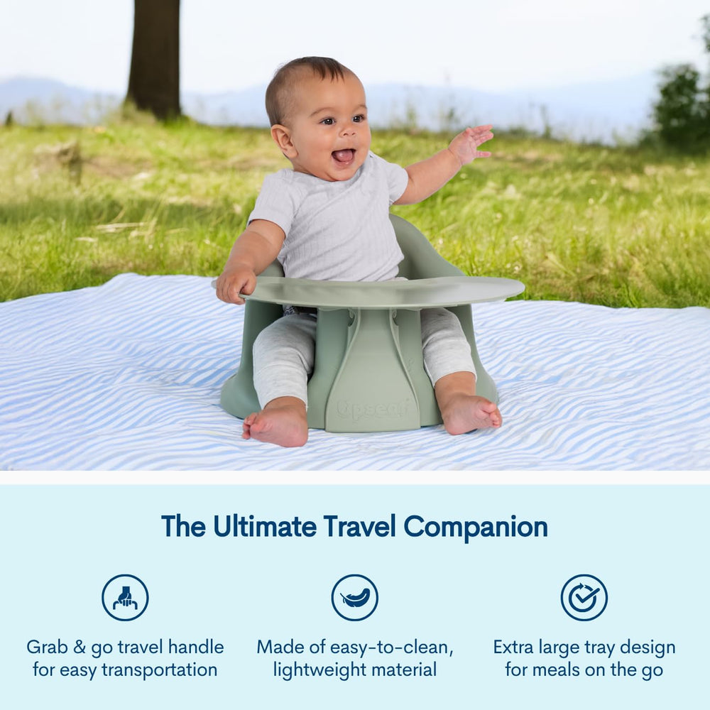 Upseat Sage baby-mealtime moments emphasize room for legs and safe hip positioning.
