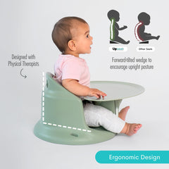 Upseat Sage booster-seat with tray shows upright positioning during meals.