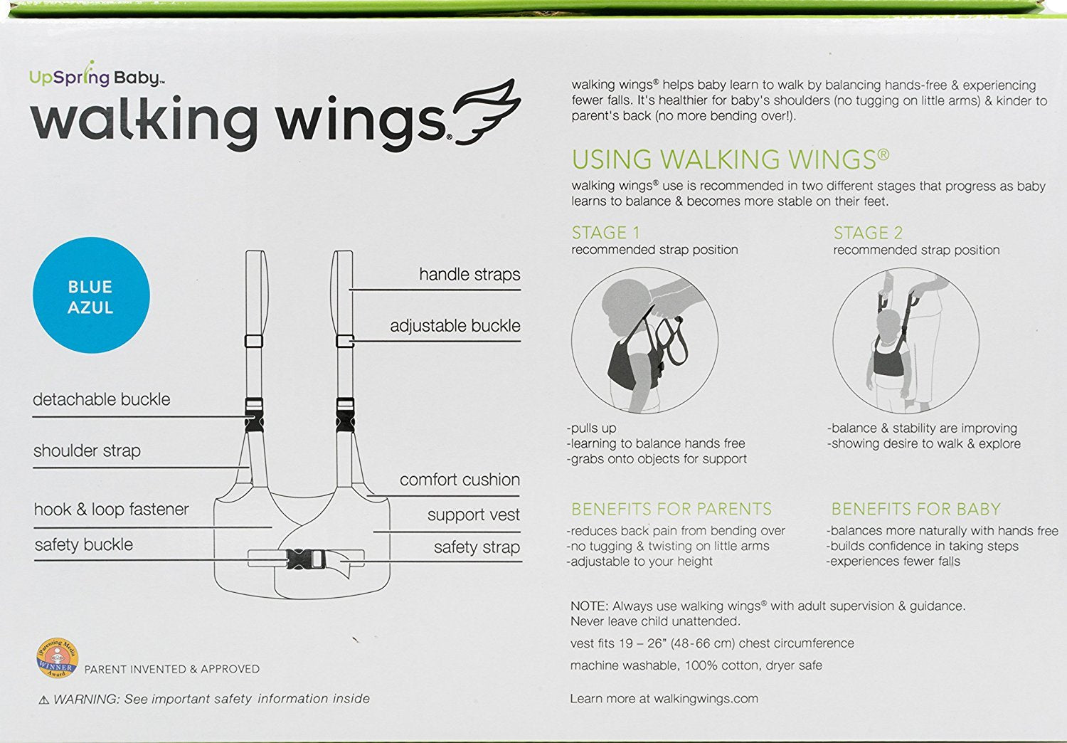 UpSpring Baby Walking Wings gray adjustment straps enable quick, comfortable sizing.