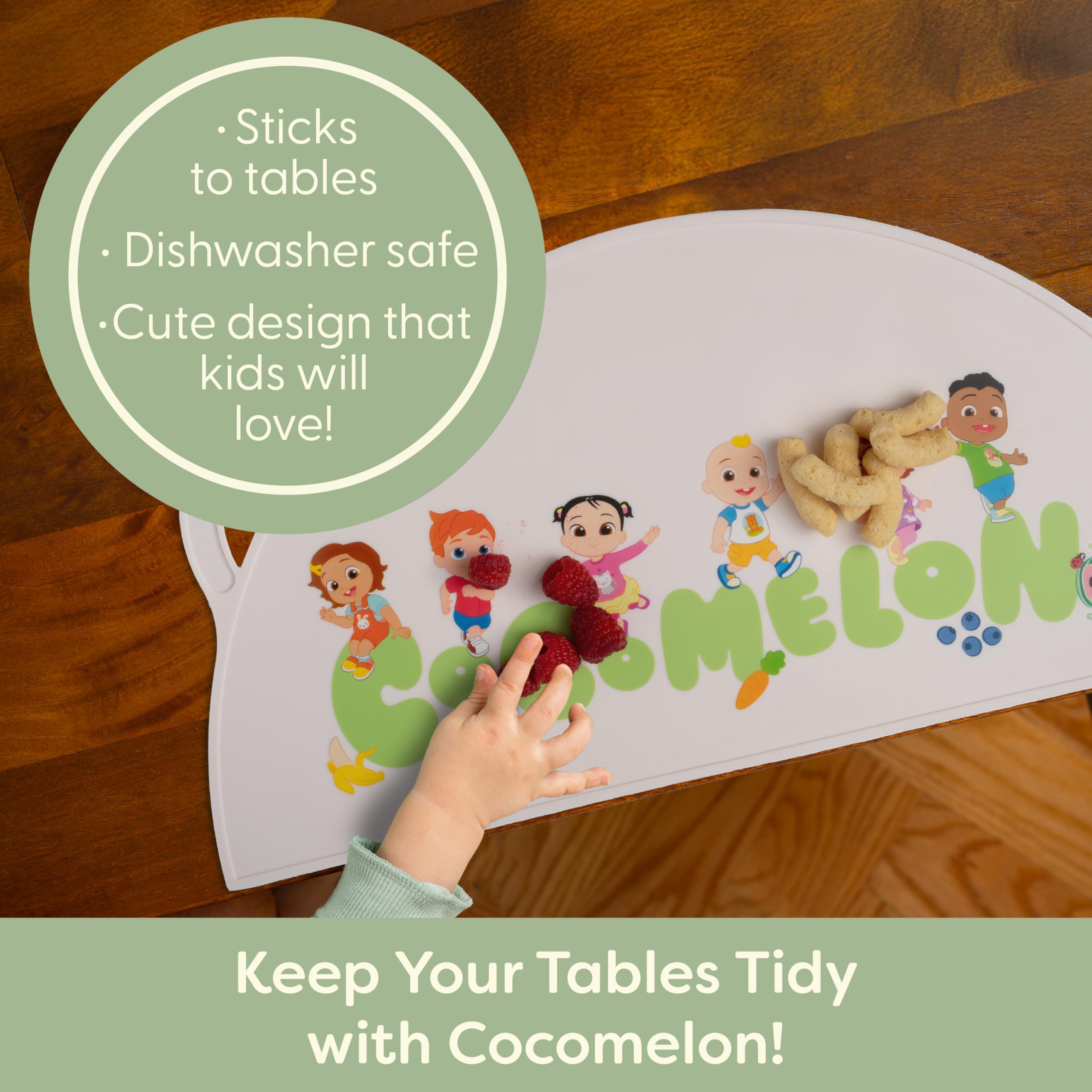 UpwardBaby CoComelon placemat raised edges trap spills at the table.