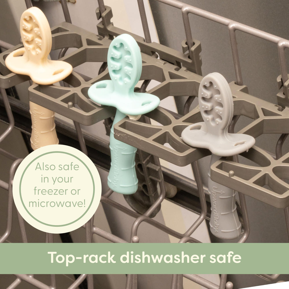UpwardBaby color palette mint beige grey supports inviting mealtime for independent eating.