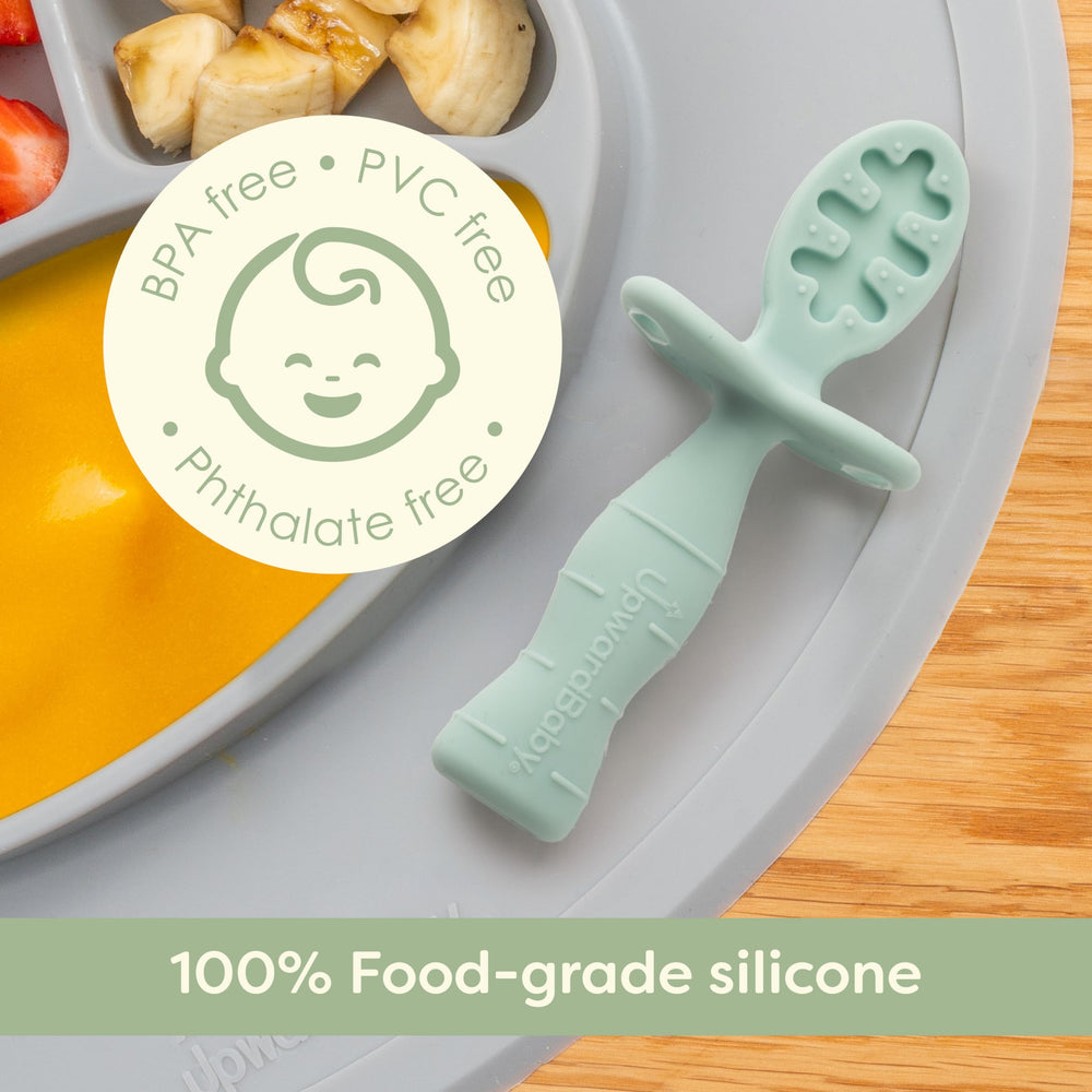 UpwardBaby silicone spoons are dishwasher-safe for easy cleaning.