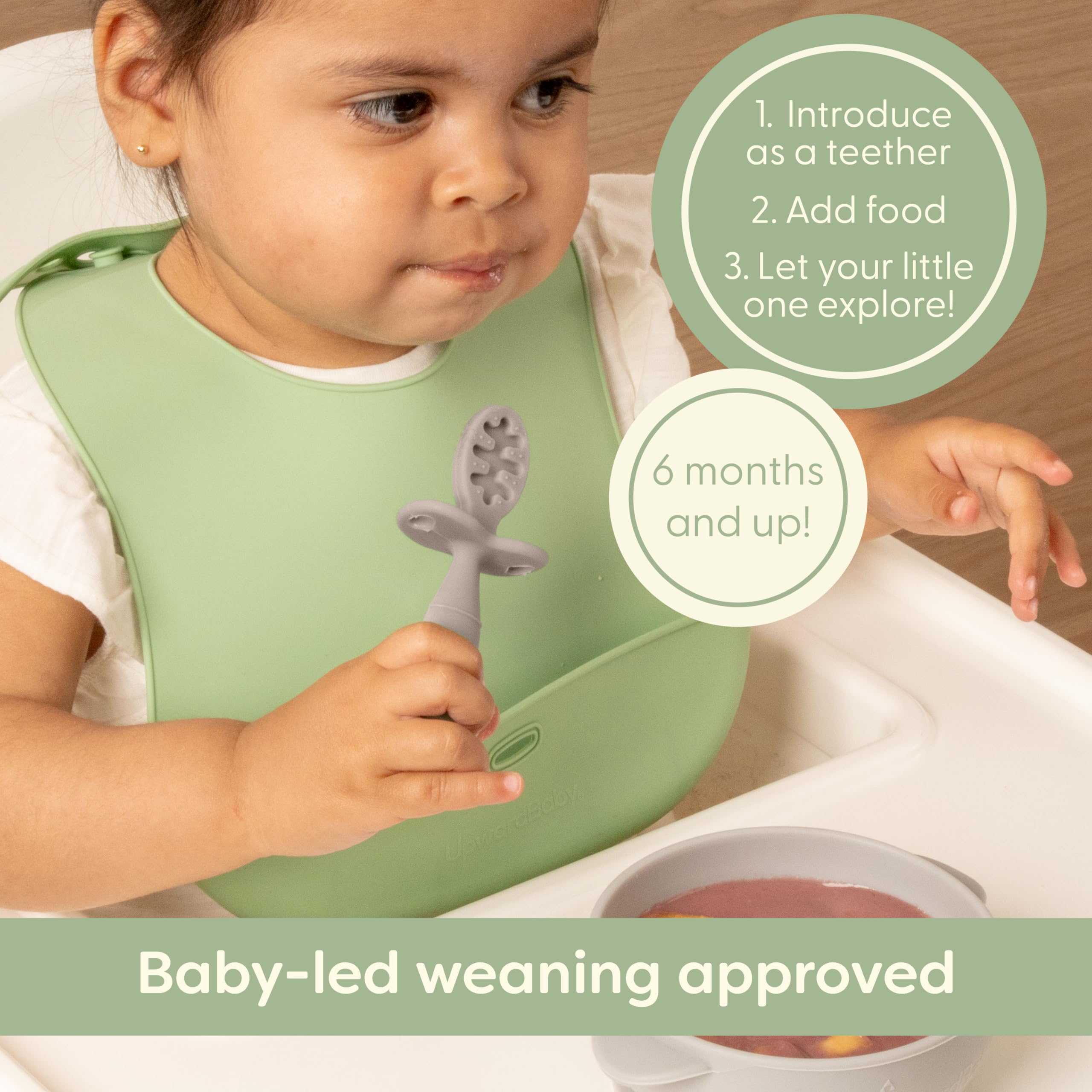 UpwardBaby grey anti-choke barrier demonstrates safe feeding design.