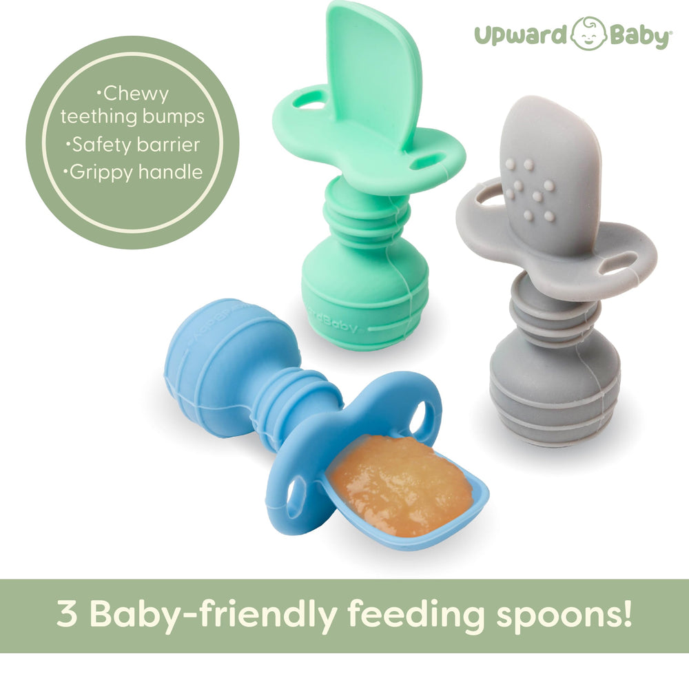 UpwardBaby silicone spoon textured-tip demonstrates gum massage during teething