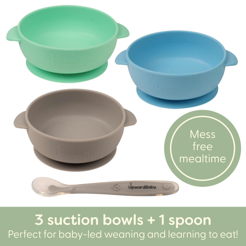 UpwardBaby suction bowls securely attached to tray to reduce spills.