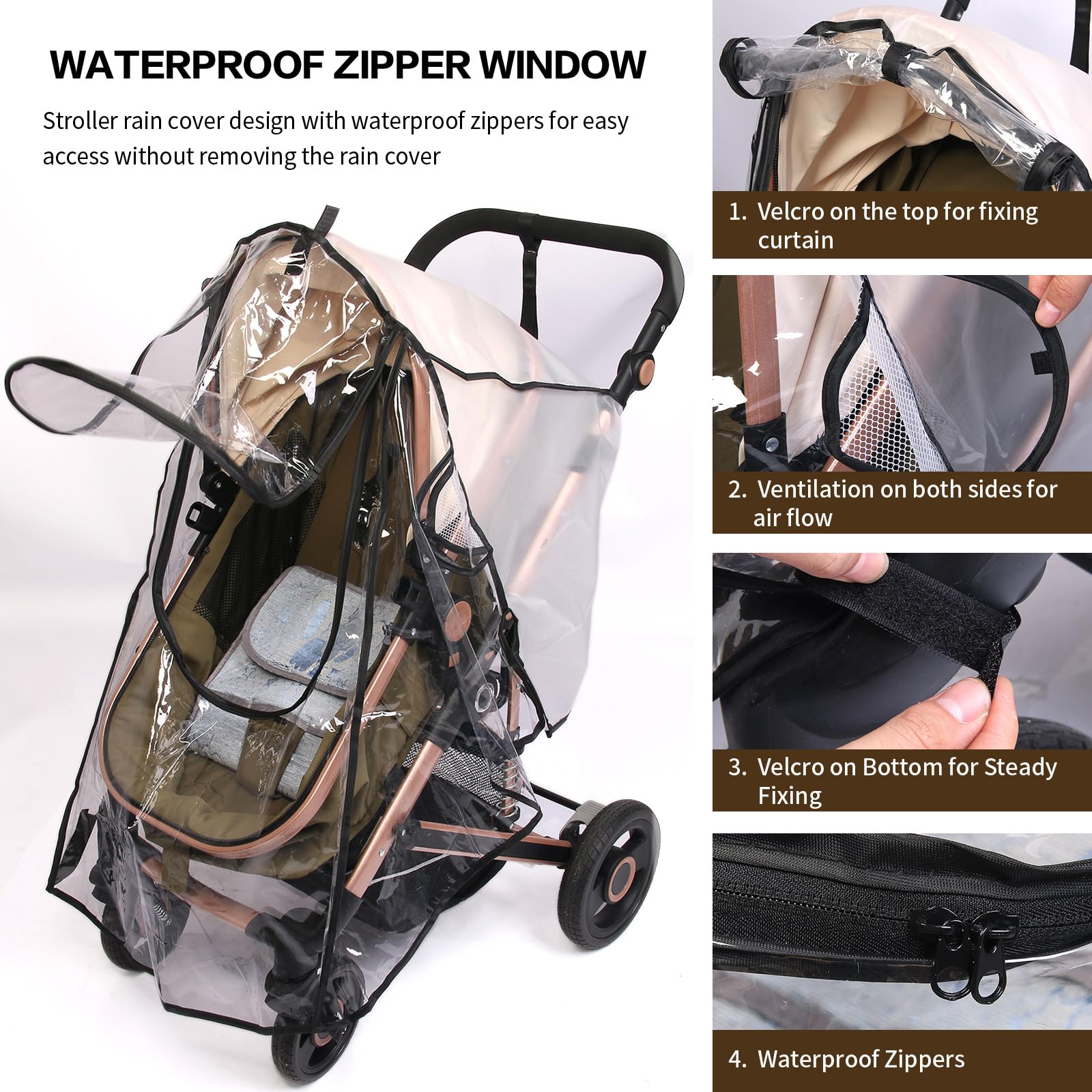 UQBEUQ stroller rain cover open zipper demonstrates quick access without removal.