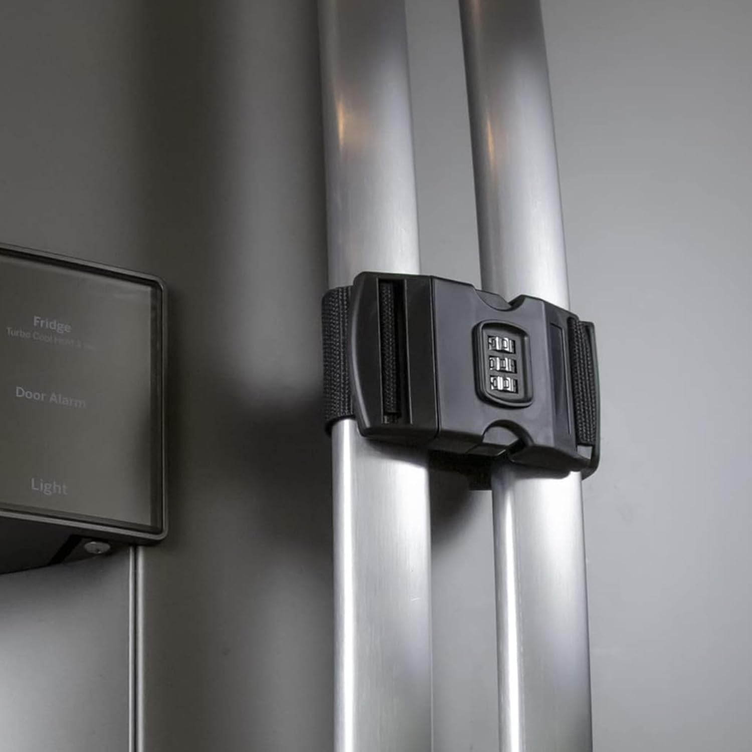 Urban August fridge lock front view shows kid-safe protection for busy kitchens.