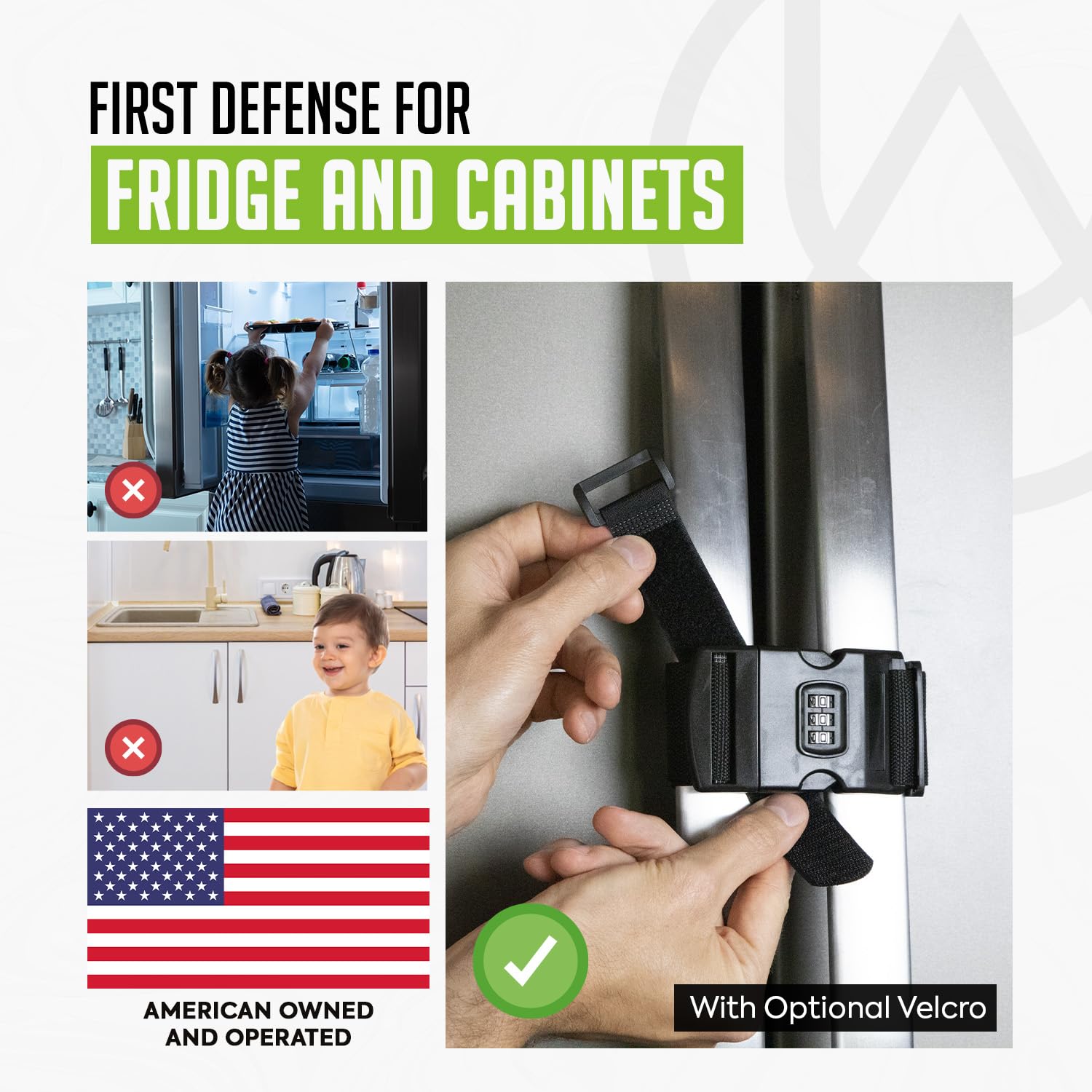 Urban August fridge lock side view highlights durable nylon construction and reliable cabinet security.