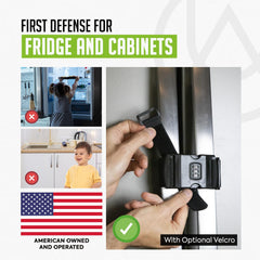 Urban August fridge lock side view highlights durable nylon construction and reliable cabinet security.