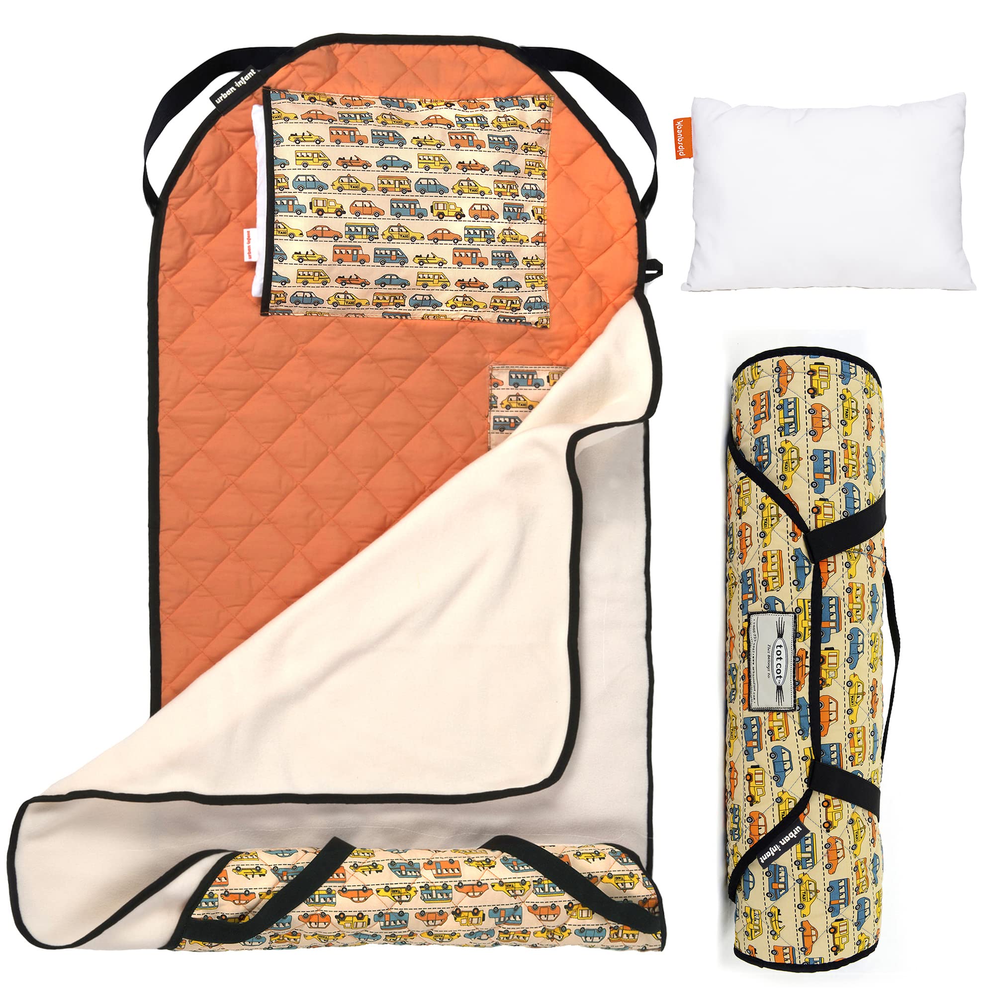 Urban Infant Tot Cot Nap Mat Cover view highlights all-in-one preschool bedding for easy outings