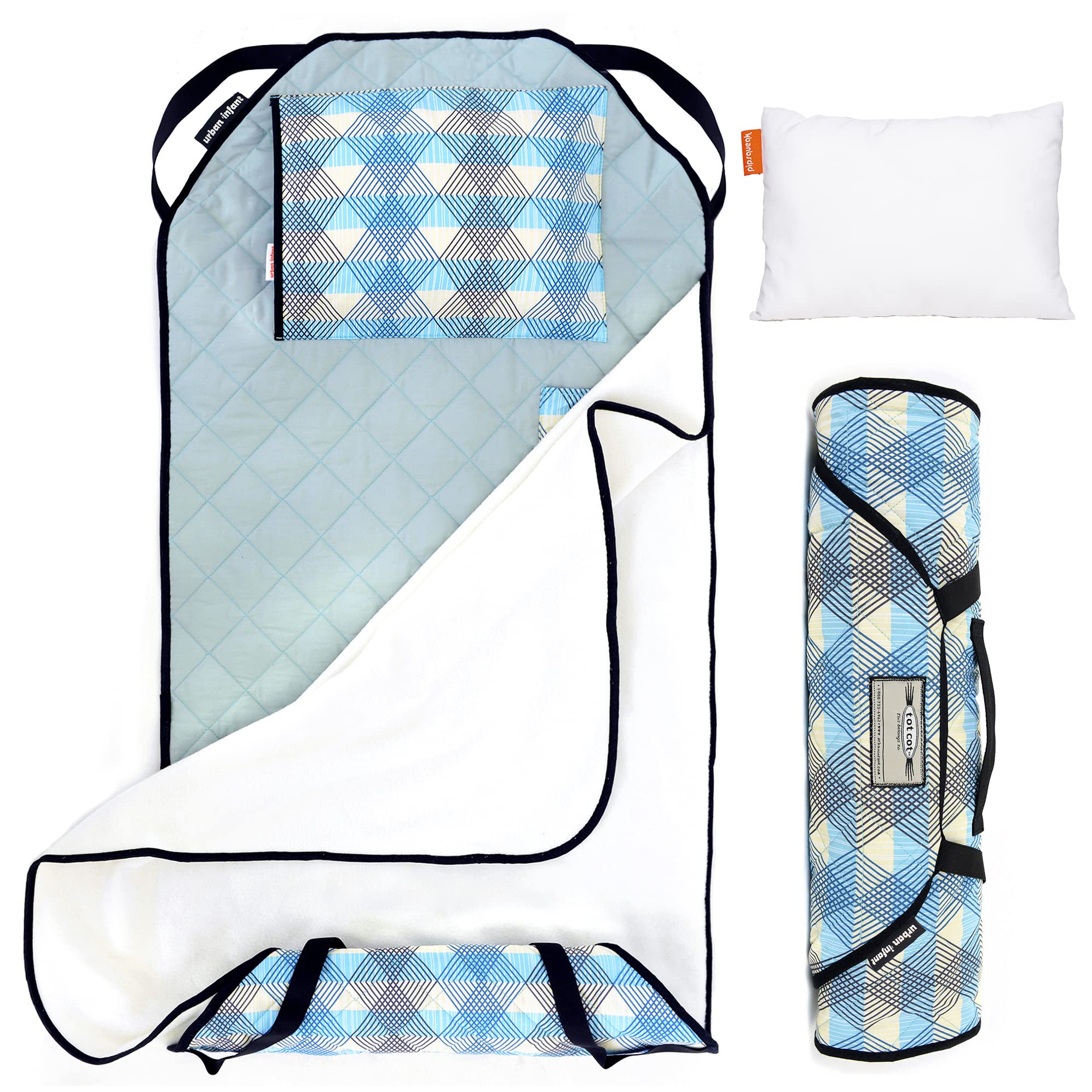 Urban Infant Tot Cot Nap Mat setup shows all-in-one bedding for preschool naps.