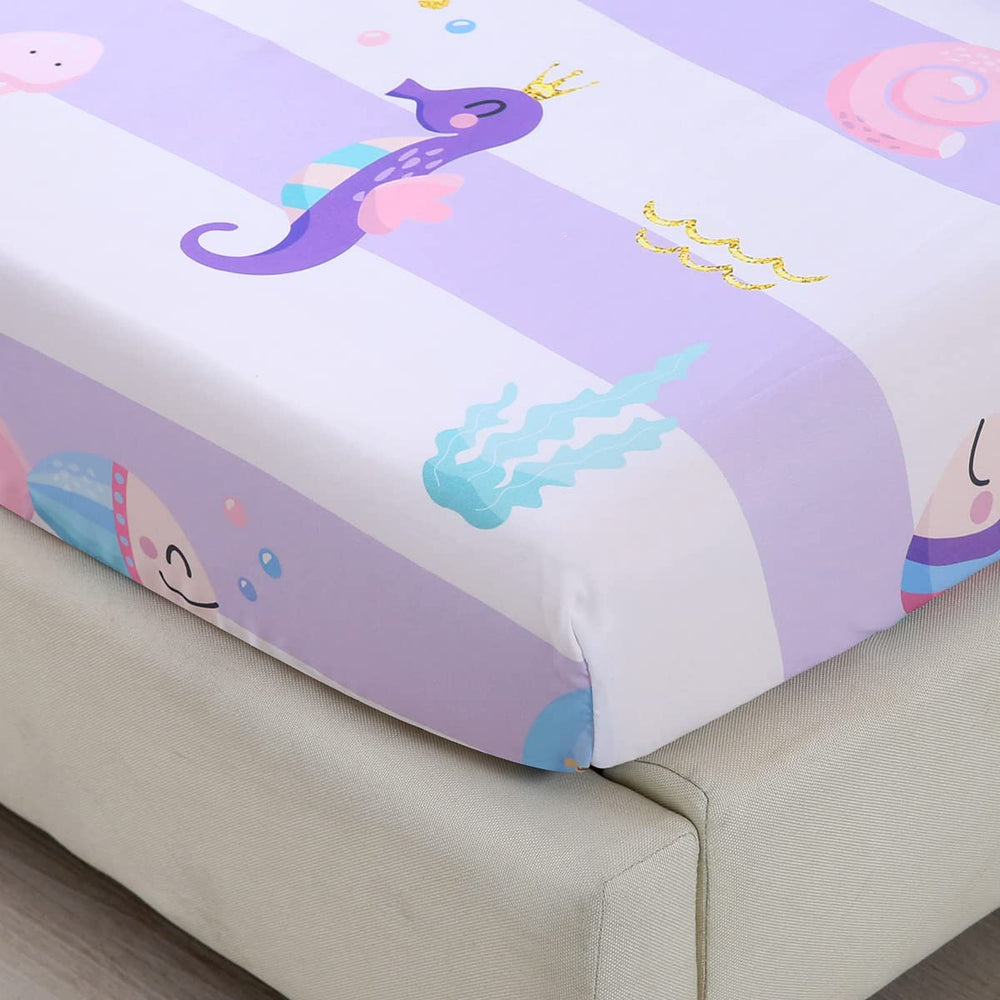 URBONUR mermaid fitted sheet pocket fits standard toddler crib mattress.