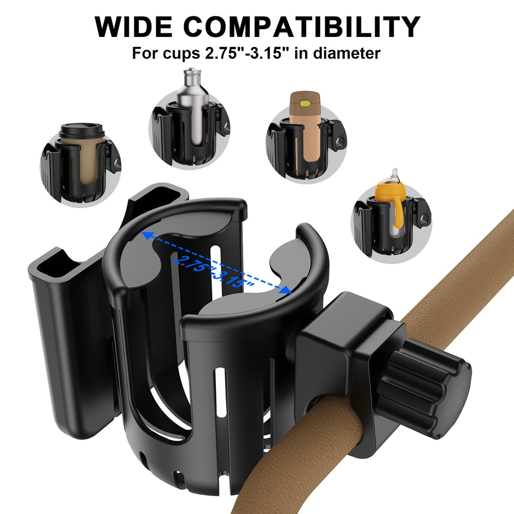 Urge Medical universal cup holder clamp with 360-degree rotation on handlebars.