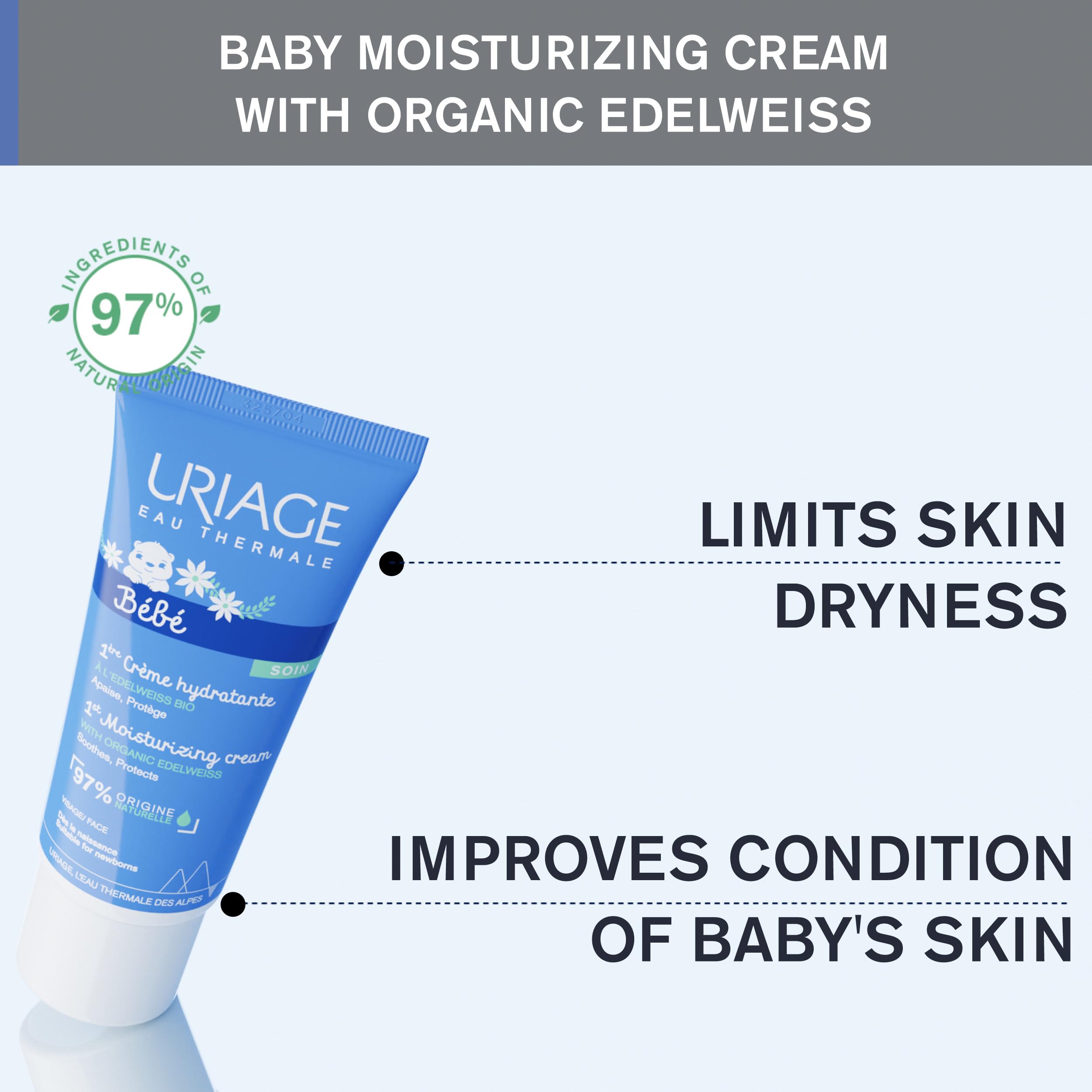 Uriage Baby 1st Moisturizing Cream application on baby's arm demonstrates quick-absorb formula.